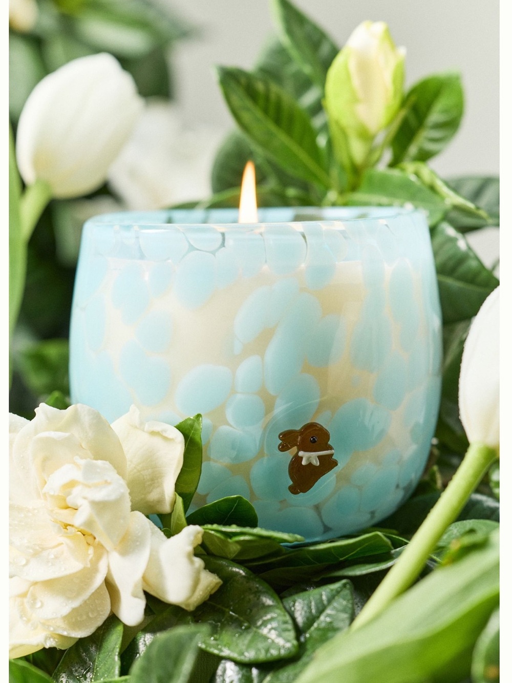 Anthropologie Glass Icon Candle Chocolate Bunny New Spring Easter Floral Blue